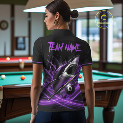 Black And Purple 8 Ball Shark Billiard League Shirt For Women Custom Pool Team Jersey Polo & 1/4 Zip TDM7489