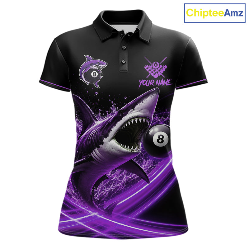Black And Purple 8 Ball Shark Billiard League Shirt For Women Custom Pool Team Jersey Polo & 1/4 Zip TDM7489