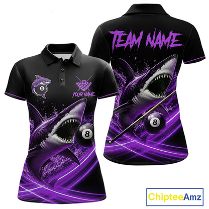 Black And Purple 8 Ball Shark Billiard League Shirt For Women Custom Pool Team Jersey Polo & 1/4 Zip TDM7489