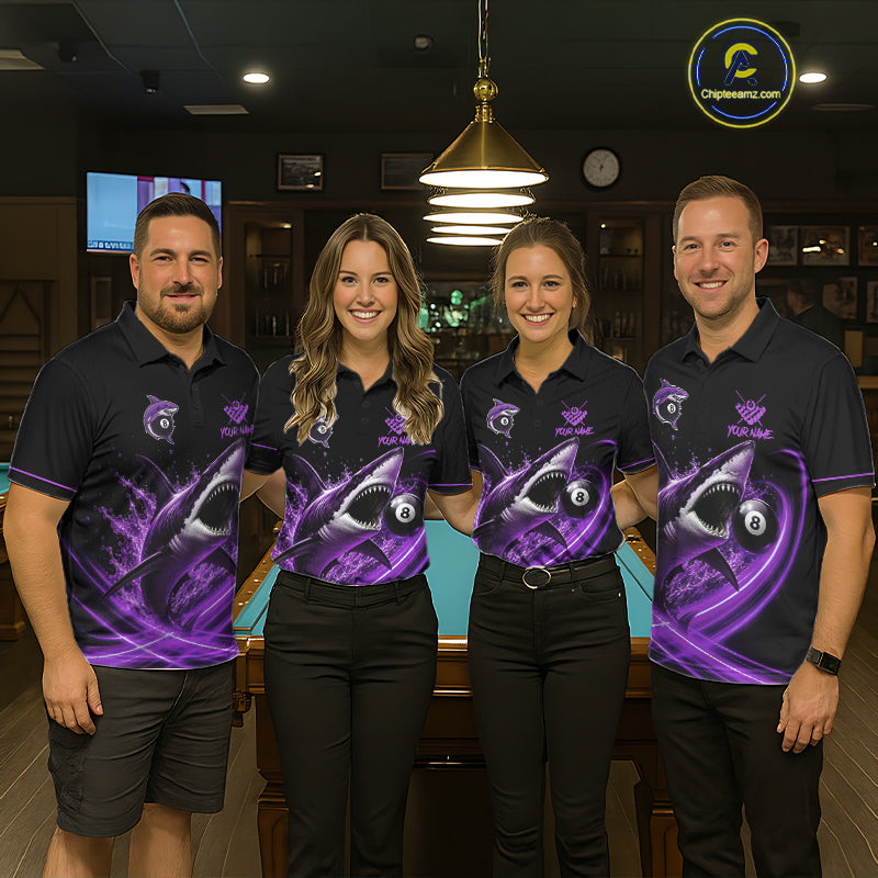 Black And Purple 8 Ball Shark Billiard League Shirt For Men Custom Pool Team Jersey Polo & 1/4 Zip TDM7489