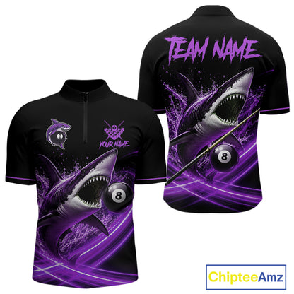 Black And Purple 8 Ball Shark Billiard League Shirt For Men Custom Pool Team Jersey Polo & 1/4 Zip TDM7489