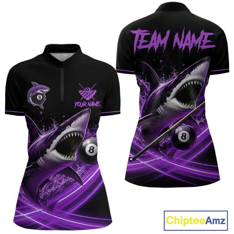 Black And Purple 8 Ball Shark Billiard League Shirt For Women Custom Pool Team Jersey Polo & 1/4 Zip TDM7489