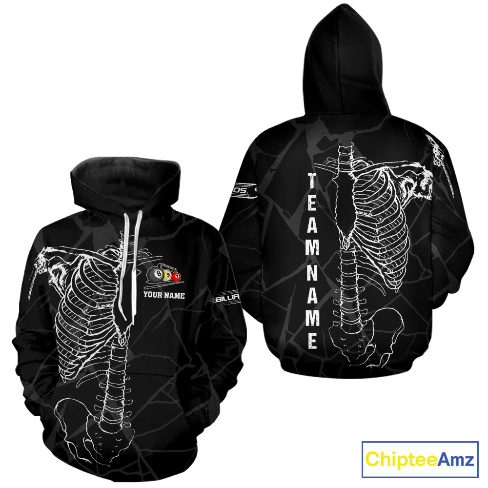 Black And White Funny Skeleton Billiard Hoodie For Men Women Custom Pool Team Shirt, Billiard Jersey TDM2723