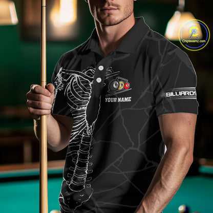White Skeleton Custom Black Grunge Billiard Shirts For Men, Funny Billiard Jerseys Short Sleeve TDM2723