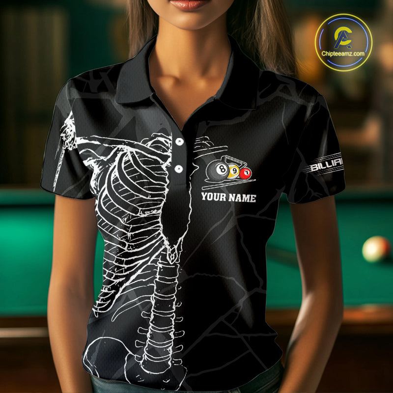 White Skeleton Custom Black Grunge Billiard Shirts For Women, Funny Billiard Jerseys Short Sleeve TDM2723