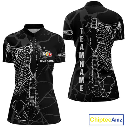 White Skeleton Custom Black Grunge Billiard Shirts For Women, Funny Billiard Jerseys Short Sleeve TDM2723