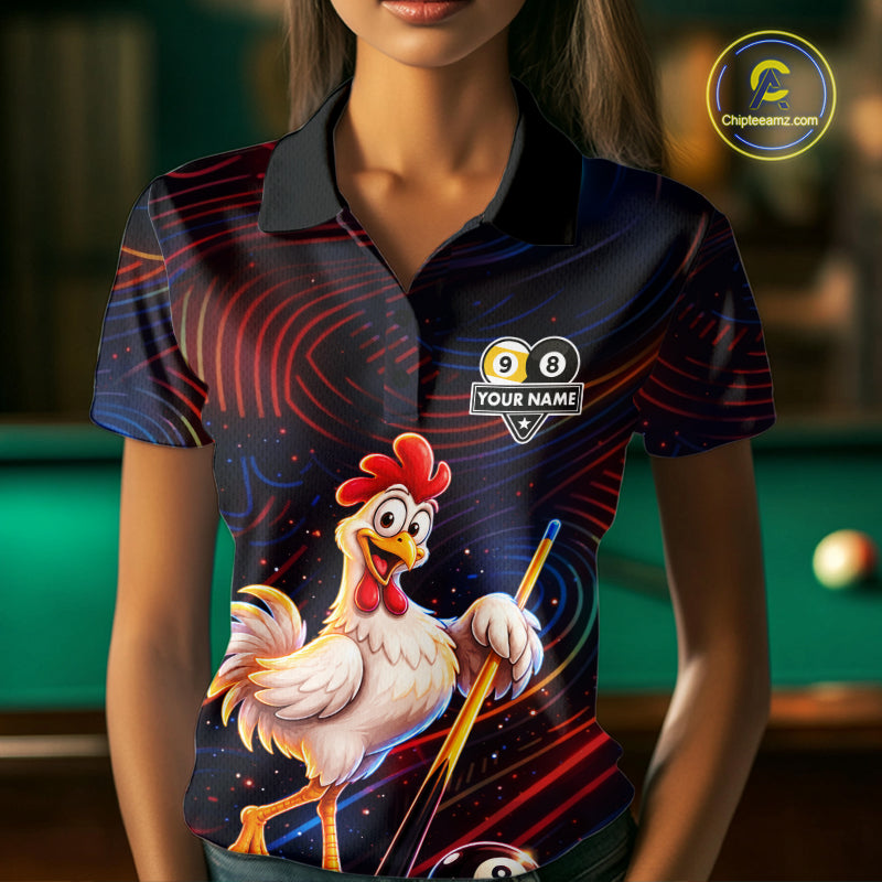 Funny Neon Chicken 8 Ball & 9 Ball Billiard Shirt For Women Custom Pool Team Jersey Polo & 1/4 Zip TDM7835