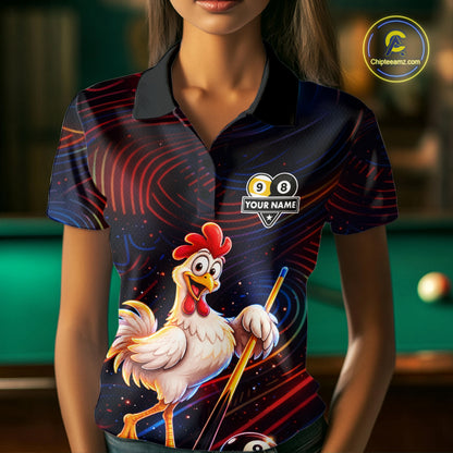 Funny Neon Chicken 8 Ball & 9 Ball Billiard Shirt For Women Custom Pool Team Jersey Polo & 1/4 Zip TDM7835