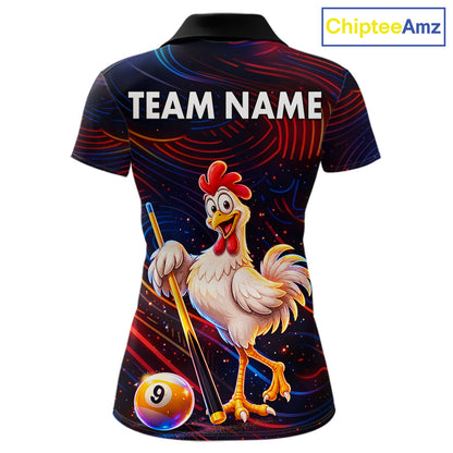 Funny Neon Chicken 8 Ball & 9 Ball Billiard Shirt For Women Custom Pool Team Jersey Polo & 1/4 Zip TDM7835