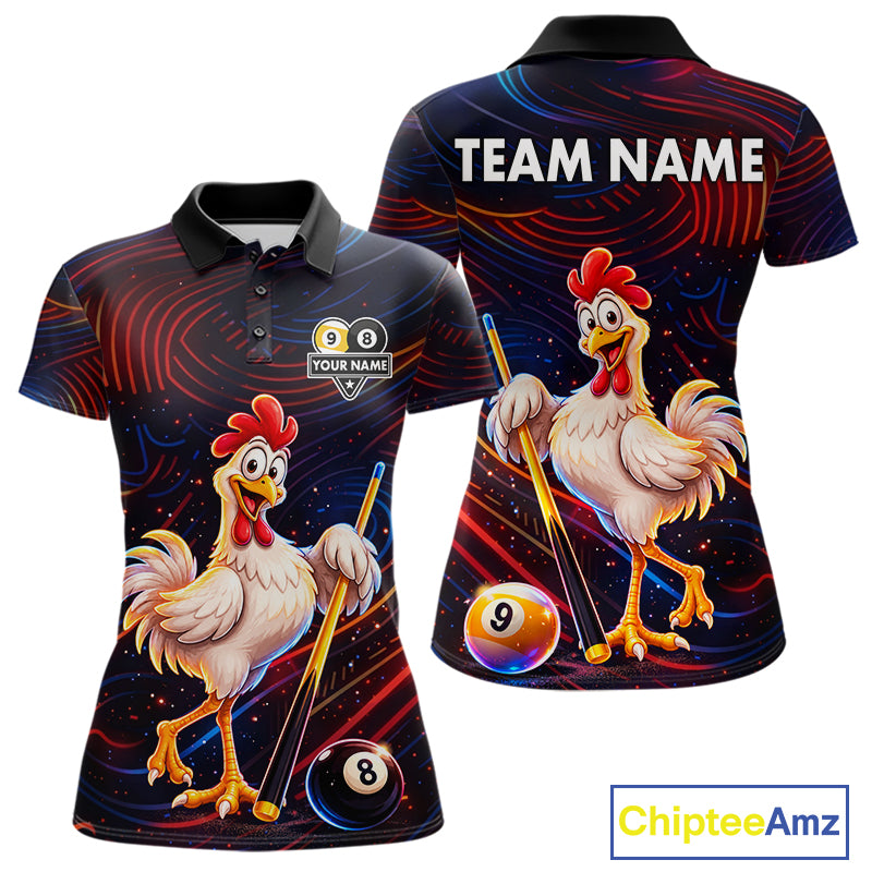 Funny Neon Chicken 8 Ball & 9 Ball Billiard Shirt For Women Custom Pool Team Jersey Polo & 1/4 Zip TDM7835