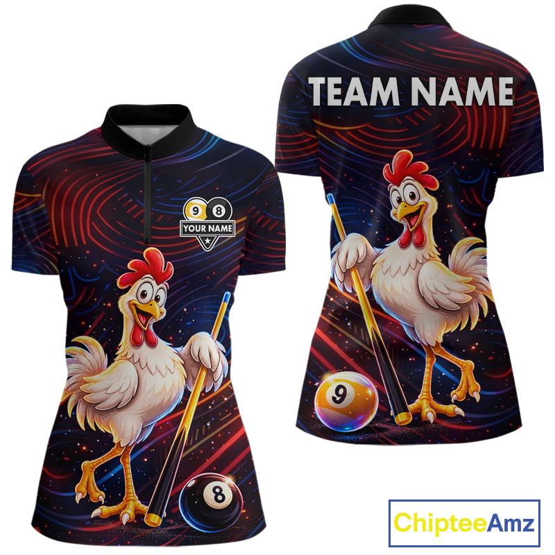 Funny Neon Chicken 8 Ball & 9 Ball Billiard Shirt For Women Custom Pool Team Jersey Polo & 1/4 Zip TDM7835