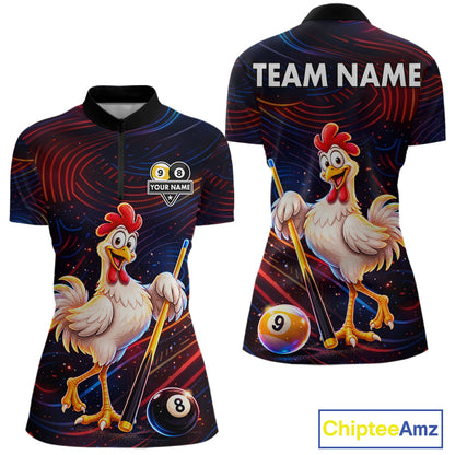 Funny Neon Chicken 8 Ball & 9 Ball Billiard Shirt For Women Custom Pool Team Jersey Polo & 1/4 Zip TDM7835