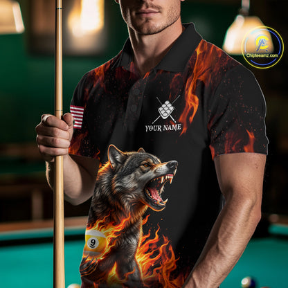 Custom Orange Flaming 9 Ball Pool Wolf Billiard Shirts For Men, Pool Team Jersey Polo & 1/4 Zip TDM7837