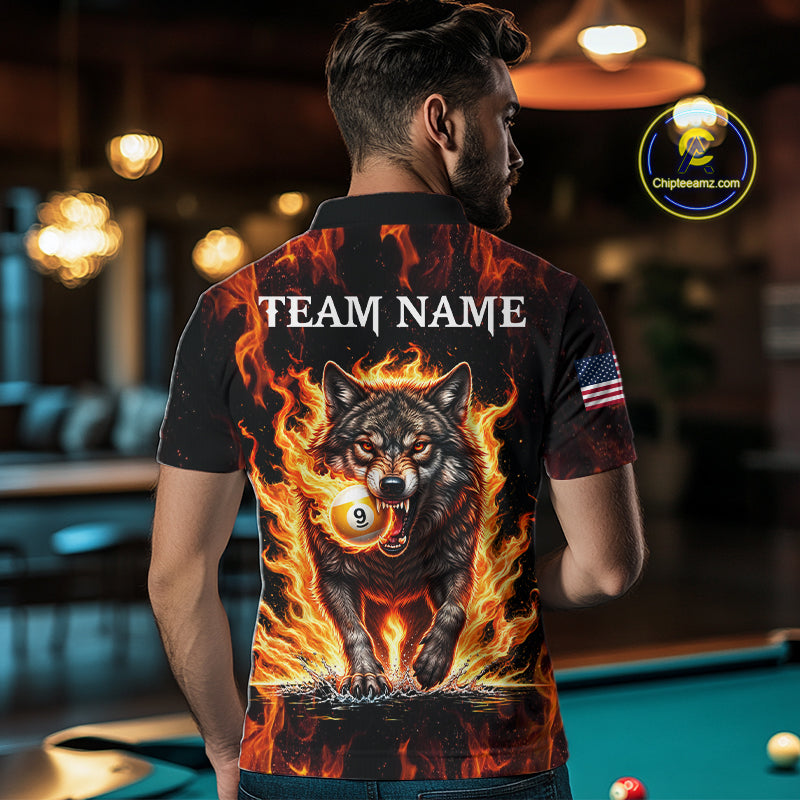 Custom Orange Flaming 9 Ball Pool Wolf Billiard Shirts For Men, Pool Team Jersey Polo & 1/4 Zip TDM7837