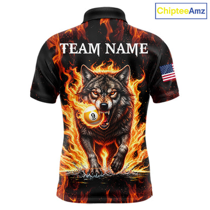 Custom Orange Flaming 9 Ball Pool Wolf Billiard Shirts For Men, Pool Team Jersey Polo & 1/4 Zip TDM7837