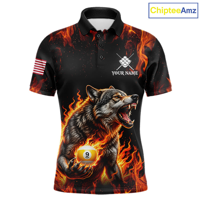 Custom Orange Flaming 9 Ball Pool Wolf Billiard Shirts For Men, Pool Team Jersey Polo & 1/4 Zip TDM7837