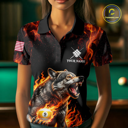 Custom Orange Flaming 9 Ball Pool Wolf Billiard Shirts For Women, Pool Team Jersey Polo & 1/4 Zip TDM7837