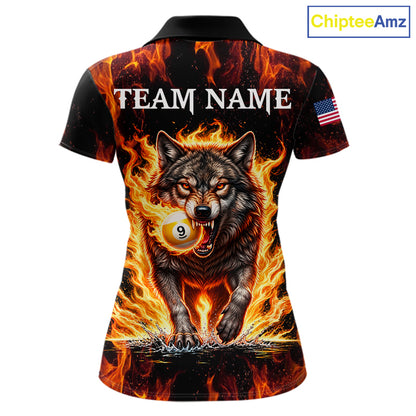 Custom Orange Flaming 9 Ball Pool Wolf Billiard Shirts For Women, Pool Team Jersey Polo & 1/4 Zip TDM7837