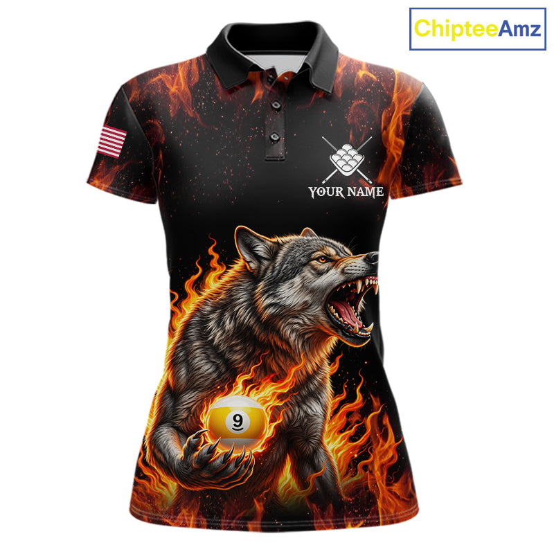 Custom Orange Flaming 9 Ball Pool Wolf Billiard Shirts For Women, Pool Team Jersey Polo & 1/4 Zip TDM7837