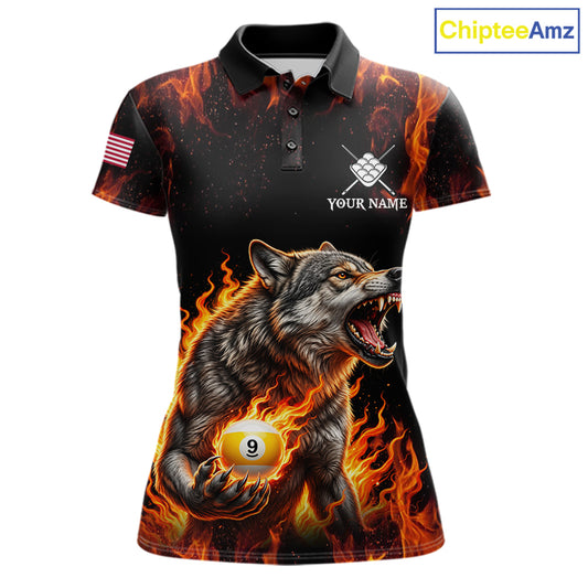 Custom Orange Flaming 9 Ball Pool Wolf Billiard Shirts For Women, Pool Team Jersey Polo & 1/4 Zip TDM7837