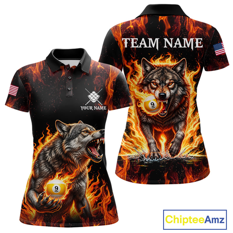 Custom Orange Flaming 9 Ball Pool Wolf Billiard Shirts For Women, Pool Team Jersey Polo & 1/4 Zip TDM7837