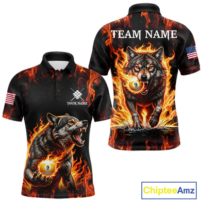 Custom Orange Flaming 9 Ball Pool Wolf Billiard Shirts For Men, Pool Team Jersey Polo & 1/4 Zip TDM7837