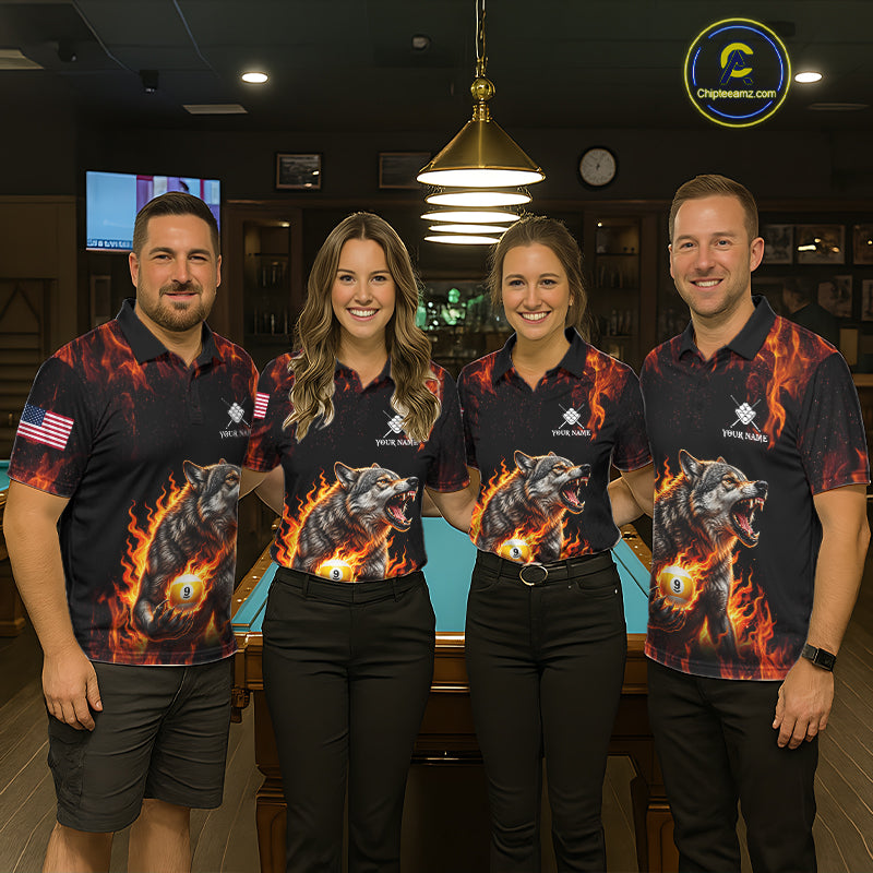 Custom Orange Flaming 9 Ball Pool Wolf Billiard Shirts For Men, Pool Team Jersey Polo & 1/4 Zip TDM7837