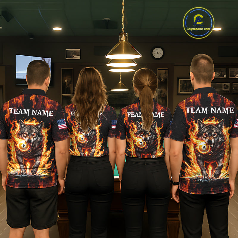 Custom Orange Flaming 9 Ball Pool Wolf Billiard Shirts For Men, Pool Team Jersey Polo & 1/4 Zip TDM7837