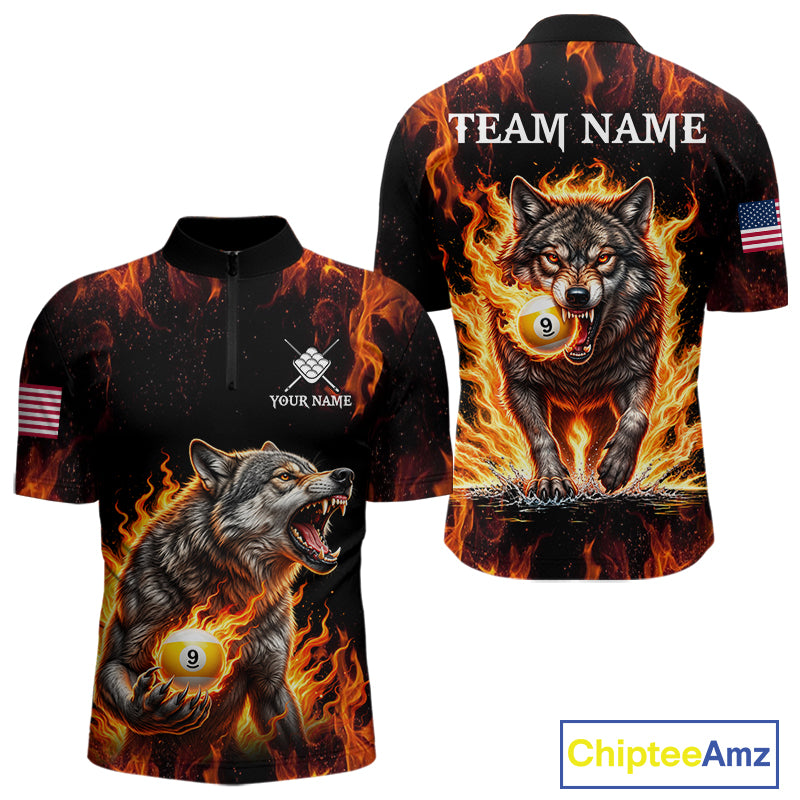 Custom Orange Flaming 9 Ball Pool Wolf Billiard Shirts For Men, Pool Team Jersey Polo & 1/4 Zip TDM7837