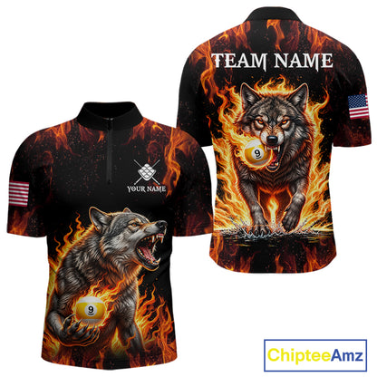 Custom Orange Flaming 9 Ball Pool Wolf Billiard Shirts For Men, Pool Team Jersey Polo & 1/4 Zip TDM7837