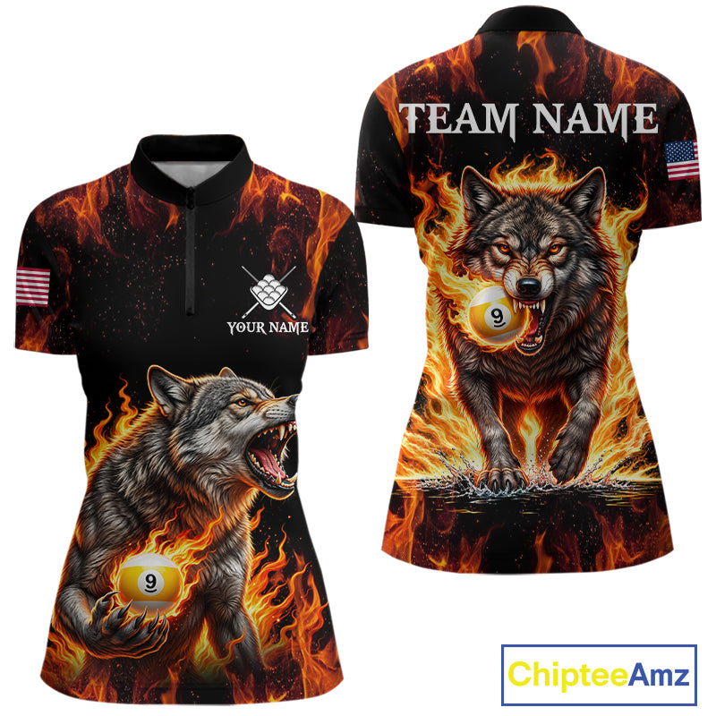 Custom Orange Flaming 9 Ball Pool Wolf Billiard Shirts For Women, Pool Team Jersey Polo & 1/4 Zip TDM7837