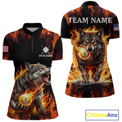 Custom Orange Flaming 9 Ball Pool Wolf Billiard Shirts For Women, Pool Team Jersey Polo & 1/4 Zip TDM7837