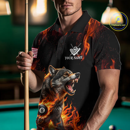 Custom Orange Flaming 8 Ball Pool Wolf Billiard Shirts For Men, Pool Team Jersey Polo & 1/4 Zip TDM7838