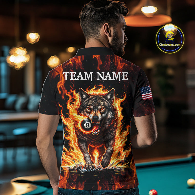 Custom Orange Flaming 8 Ball Pool Wolf Billiard Shirts For Men, Pool Team Jersey Polo & 1/4 Zip TDM7838