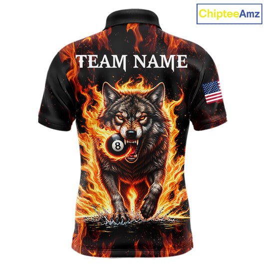 Custom Orange Flaming 8 Ball Pool Wolf Billiard Shirts For Men, Pool Team Jersey Polo & 1/4 Zip TDM7838