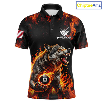 Custom Orange Flaming 8 Ball Pool Wolf Billiard Shirts For Men, Pool Team Jersey Polo & 1/4 Zip TDM7838
