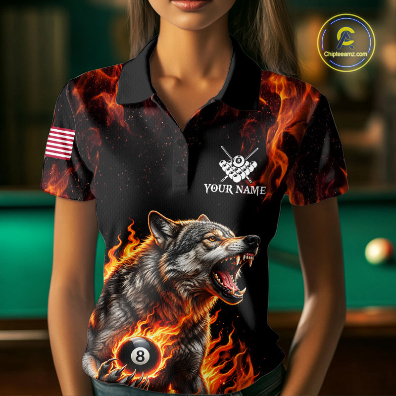 Custom Orange Flaming 8 Ball Pool Wolf Billiard Shirts For Women, Pool Team Jersey Polo & 1/4 Zip TDM7838