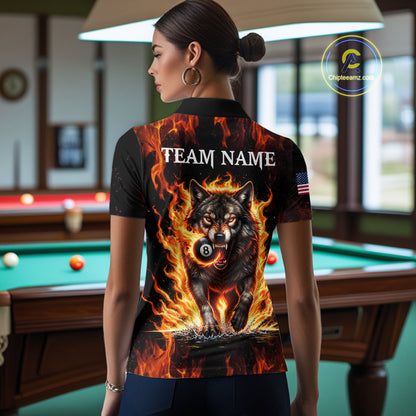 Custom Orange Flaming 8 Ball Pool Wolf Billiard Shirts For Women, Pool Team Jersey Polo & 1/4 Zip TDM7838