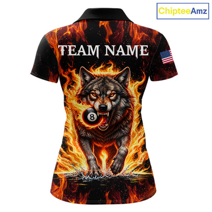 Custom Orange Flaming 8 Ball Pool Wolf Billiard Shirts For Women, Pool Team Jersey Polo & 1/4 Zip TDM7838