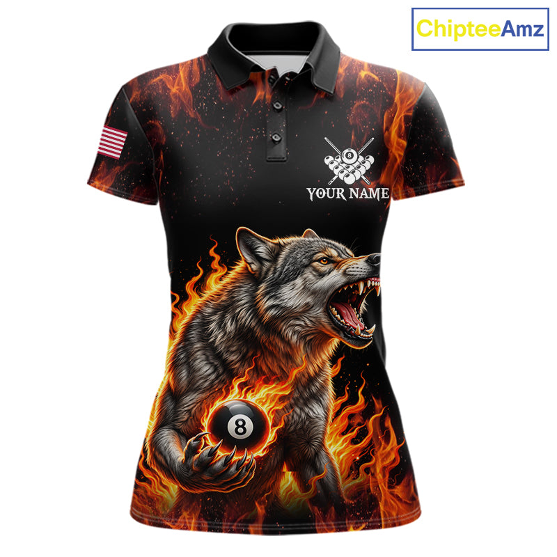 Custom Orange Flaming 8 Ball Pool Wolf Billiard Shirts For Women, Pool Team Jersey Polo & 1/4 Zip TDM7838