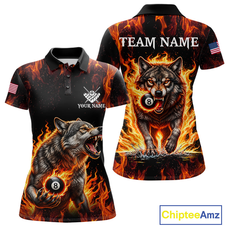 Custom Orange Flaming 8 Ball Pool Wolf Billiard Shirts For Women, Pool Team Jersey Polo & 1/4 Zip TDM7838