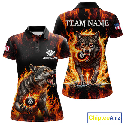 Custom Orange Flaming 8 Ball Pool Wolf Billiard Shirts For Women, Pool Team Jersey Polo & 1/4 Zip TDM7838