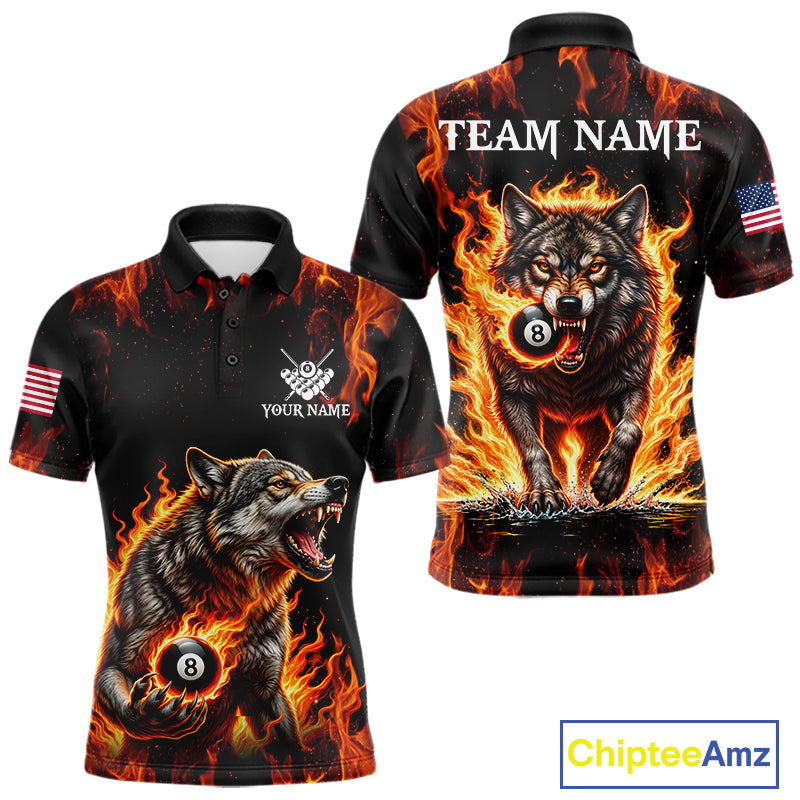 Custom Orange Flaming 8 Ball Pool Wolf Billiard Shirts For Men, Pool Team Jersey Polo & 1/4 Zip TDM7838