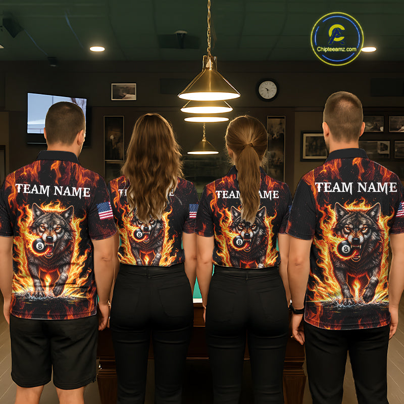 Custom Orange Flaming 8 Ball Pool Wolf Billiard Shirts For Men, Pool Team Jersey Polo & 1/4 Zip TDM7838