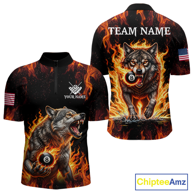 Custom Orange Flaming 8 Ball Pool Wolf Billiard Shirts For Men, Pool Team Jersey Polo & 1/4 Zip TDM7838