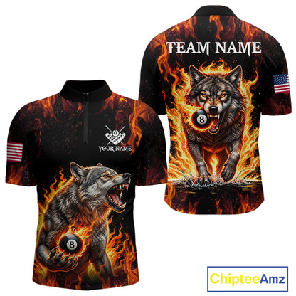 Custom Orange Flaming 8 Ball Pool Wolf Billiard Shirts For Men, Pool Team Jersey Polo & 1/4 Zip TDM7838