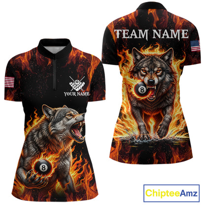 Custom Orange Flaming 8 Ball Pool Wolf Billiard Shirts For Women, Pool Team Jersey Polo & 1/4 Zip TDM7838