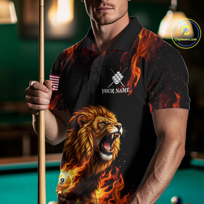 Custom Orange Flaming 9 Ball Pool Lion Billiard Shirts For Men, Pool Team Jersey Polo & 1/4 Zip TDM7839