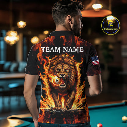 Custom Orange Flaming 9 Ball Pool Lion Billiard Shirts For Men, Pool Team Jersey Polo & 1/4 Zip TDM7839