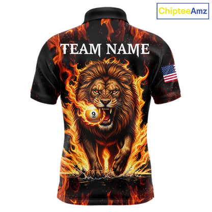 Custom Orange Flaming 9 Ball Pool Lion Billiard Shirts For Men, Pool Team Jersey Polo & 1/4 Zip TDM7839